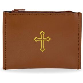 Brown Genuine Leather Rosary Pouch Gold Cross Imprint Straight Design with Zipper