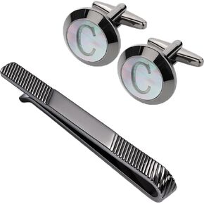 Mother of Pearl Initial Cuff Links Mens + Tie Clips for Men Bundle, Suitable for Wedding Anniversary Business Professional and Best Gift