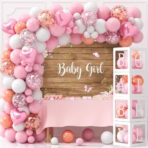 Winrayk 145Pcs Baby Shower Decorations for Girl Baby Boxes with Letters (Baby Girl+A-Z) & Rose Gold Pink Balloon Arch & Backdrop Tablecloth & Bowtie Heart Balloon Princess Girl Baby Shower Decorations