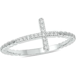1/10cttw Diamond Cross Ring for Women, Cross Ring with Beaded Style Detail in 18k Yellow Gold-Plate, 18k Rose Gold-Plate or 925 Sterling Silver, Women's Horizontal Cross with Round White Diamonds