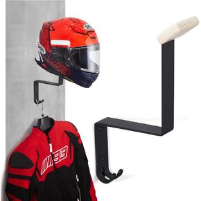 Motorcycle Helmet Rack Wall Mount, Motorbike Heavy Duty Helmet Holder, Helmet Display Hanger with 2 Hooks for Motorcycle Bike Coats, Baseball Rugby Police Football Helmet Caps (A, 1)