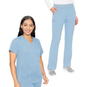 Med Couture Scrub Set for Women, 11 Pockets with V-Neck Scrub Top MC7459 and Comfortable Scrub Pants, MC7739, Periwinkle - XL Top/XL Petite Pant