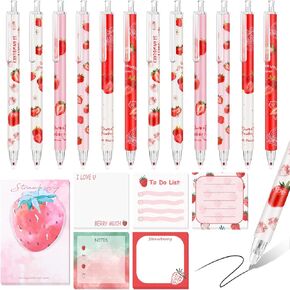 Sabary 18 Pieces Strawberry Print Stuff, 12 Strawberry Pens and Notes Gifts with 6 Styles, Aesthetic Pens, for Office Supplies