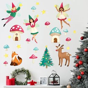 Mfault Merry Christmas Tree Wall Decals Stickers, Xmas Snowflake Decorations Bedroom Art, New Year 2025 Home Kitchen Living Room Decor Holiday Gift