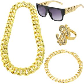 80s 90s Hip Hop Costume Outfit Rapper Accessories Chunky Gold Necklace Bracelets Set for Men Women