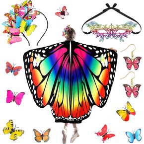 12 Pcs Halloween Butterfly Costume for Women Adult Includes Butterfly Fairy Shawl Earrings Headband 8 Pcs Butterfly Hair Clips Lace Mask for Halloween Cosplay Party