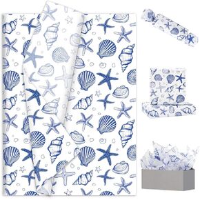 JarThenaAMCS 100 Sheets Ocean Tissue Paper Blue Sea Shell Starfish Gift Wrapping Paper Coastal Beach DIY Art Craft Tissue for Wedding Birthday Summer Party Decor Supplies, 14 x 20 Inch