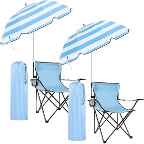2 Sets Beach Chair with UPF 50+ and Umbrella with Universal Clamp Folding Beach Chair with Mesh Cup Holder for Adult with Carrying Bag 360° Adjustable Shade Umbrella Collapsible Camp Fishing