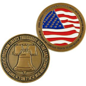 Pledge of Allegiance Coin, Liberty Bell & American Flag Patriotic Military Challenge Coin, Heal Our Land, Freedom Christian Religious Antique Gold Plated Prayer Token Gift