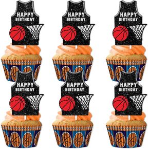 18pcs Black Glitter Basketball Jersey Dessert Cupcake Topper Play Basketball Theme Decor Supplies Men Boys Happy Birthday Sports Stars Party Decorations