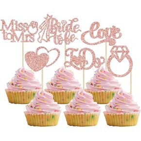 Gyufise 24Pcs Bride to Be Cupcake Toppers Rose Gold Glitter I Do Love Heart Ring Miss To Mrs Cupcake Picks Bridal Shower Cake Decorations for Wedding Engagement Bachelorette Party Supplies