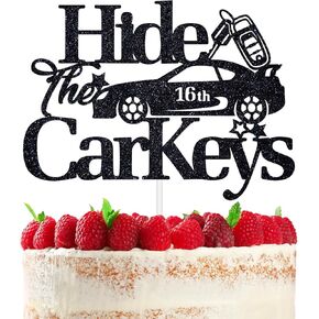 Hide the Car Keys Cake Topper, 16th Birthday Decorations, Licensed to Drive/Level 16 Unlocked Cake Decor, Funny 16th Birthday Party Decoration Supplies for Teens, Black Glitter