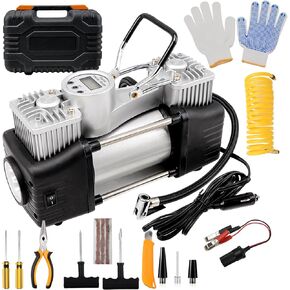 XSTRAP Upgrated Portable Double Cylinder Air Compressor Tire Inflator with LED Flashlight, 12V Compact Air Pump for Car Tires, 150 PSI with Tire Repair Kit and Toolbox for Auto, Off-Road, Truck, Bike