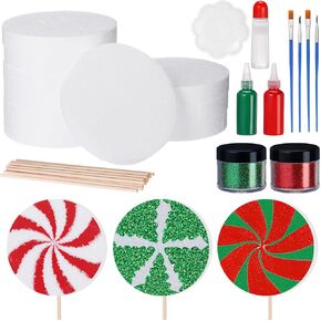 MiniInflat 37 قطعة حلوى عيد الميلاد DIY مجموعة تتضمن دوائر إسفنجية مستديرة وعصي خشبية وأصباغ ملونة وفرش مسحوق لامع وصمغ لوازم الحفلات لمشاريع DIY الحرفية وإكليل شجرة عيد الميلاد ديكور المنزل (8 بوصة)