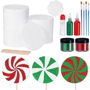 MiniInflat 37 Pcs Christmas Candy DIY Set Include Round Foam Circles Wooden Sticks Color Pigments Brushes Glitter Powder Glue Party Supplies for DIY Projects Craft Xmas Tree Wreath Home Decor(8 Inch)