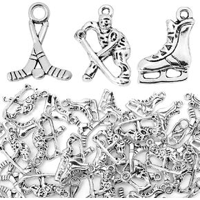 45PCS Mixed Hockey Charms Handmade, Metal Smooth Tibetan Shapes for DIY Ball Games Sports Music Travel Style Jewelry Necklace Bracelets Pendants Crafting Making Wholesale Bulk Lots (Silver Color 100G)