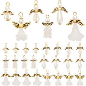 PH PandaHall 48pcs 6 Styles Angel Wing Charms, White Pear Beads Flower Caps with Antique Golden Wing Beads Angel Fairy Wing Beads Dangle Pendants for DIY Necklace Bracelet Jewelry Keychain Making