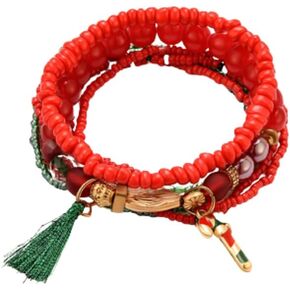 7 Pcs/Set Christmas Multi Color Stretch Beaded Charm Stackable Bracelet Xmas Jingle Bell Snowman Santa Claus Crutches Pendant Beaded Bracelets Adjustable Stretch Strand Elastic Bracelets Jewelry