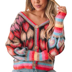 Women's Cute Sweater Cardigan Heart Print Y2K Button Open Front Cardigans V Neck Cropped Knitted Outerwear
