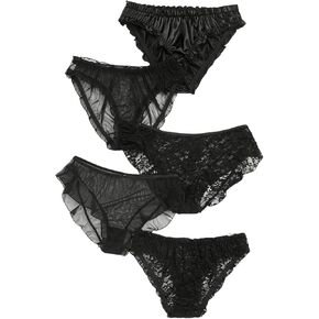 Women's 5 Pcs Sheer Mesh Underwear High Rise Briefs Lace Trim Panty