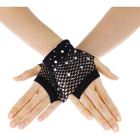 Lusofie Black 80s Gloves with Rhinestone Short Nylon Fishnets Gloves Women Girls Party Accessories Net Mesh Fingerless Gloves for Cosplay Halloween Theme Party Costumes Performance（Black）
