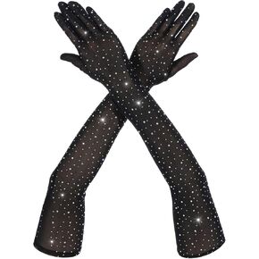 Lusofie Rhinestone Gloves Glitter Sparkle Black Fishnet Gloves Elbow Length Tulle Gloves for Women Rhinestone Sheer Gloves for Weddings Parties Proms Halloween Costumes