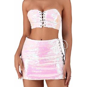 Zoestar Sequin Skirts Set Glitter Sequin Skirts with Crop Top Party Bra Top Prom Club Dance Skirt for Women and Girls