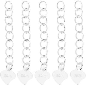 Beebeecraft 1 Box 10Pcs Twisted Extender Chains 925 Sterling Silver Jewelry Extender Extension End Chains with Heart Chain Tabs for Necklace DIY Jewellery Making Crafts (32mm)