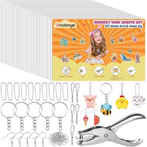 Bouiexye 146 Pcs Heat Shrink Plastic Sheet Shrinky Art Kit 20 Pcs Shrink Paper Keychain Kit for Crafts Handprint Mother's Day Marking Keychains （7.9 in X 5.7 in）