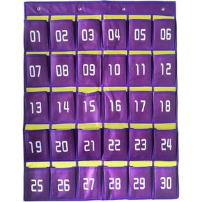 36 Numbered Classroom Pocket Charts for Cell Phone Calculator Holder, Wall Door Mount Hanging Organizer with Hooks for Teachers Purple