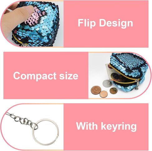 سلسلة مفاتيح محفظة العملات المعدنية، قطعتان من محفظة العملات المعدنية ذات الترتر على الوجهين للنساء، حقيبة محفظة تغيير لامعة بسحاب مع سلسلة مفاتيح لتخزين المفاتيح، والتغيير، والعملة المعدنية، ومفضلات الحفلات (2.3 * 2 * 2.3 بوصة) (أ) in Kuwait