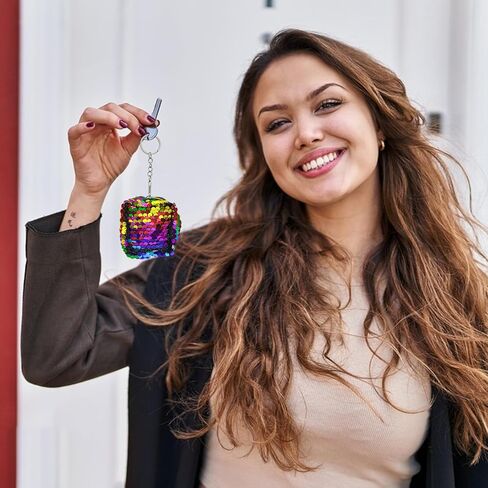 سلسلة مفاتيح محفظة العملات المعدنية، قطعتان من محفظة العملات المعدنية ذات الترتر على الوجهين للنساء، حقيبة محفظة تغيير لامعة بسحاب مع سلسلة مفاتيح لتخزين المفاتيح، والتغيير، والعملة المعدنية، ومفضلات الحفلات (2.3 * 2 * 2.3 بوصة) (أ) in Kuwait