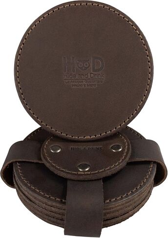 Hide & Drink, Circular Set of 6 Coasters for Drinks Handmade from Full Grain Leather - Bourbon Brown in Saudi Arabia