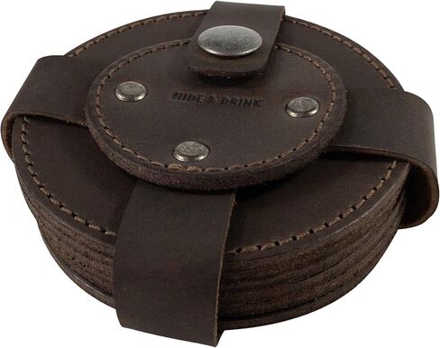 Hide & Drink, Circular Set of 6 Coasters for Drinks Handmade from Full Grain Leather - Bourbon Brown in Saudi Arabia