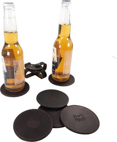Hide & Drink, Circular Set of 6 Coasters for Drinks Handmade from Full Grain Leather - Bourbon Brown in Saudi Arabia