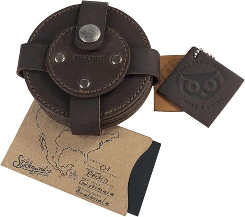 Hide & Drink, Circular Set of 6 Coasters for Drinks Handmade from Full Grain Leather - Bourbon Brown in Saudi Arabia