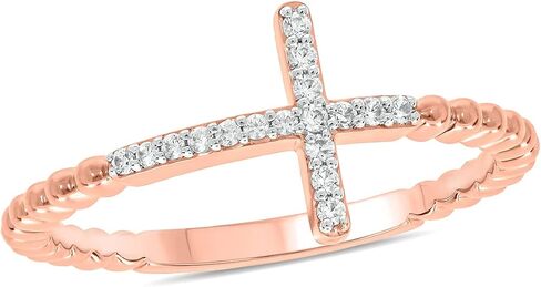 1/10cttw Diamond Cross Ring for Women, Cross Ring with Beaded Style Detail in 18k Yellow Gold-Plate, 18k Rose Gold-Plate or 925 Sterling Silver, Women's Horizontal Cross with Round White Diamonds in Kuwait