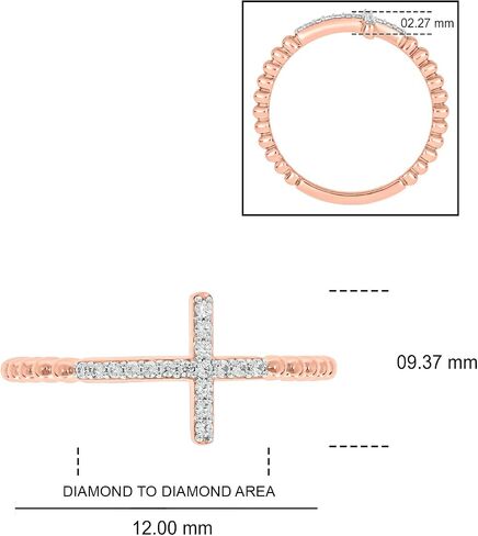 1/10cttw Diamond Cross Ring for Women, Cross Ring with Beaded Style Detail in 18k Yellow Gold-Plate, 18k Rose Gold-Plate or 925 Sterling Silver, Women's Horizontal Cross with Round White Diamonds in Kuwait