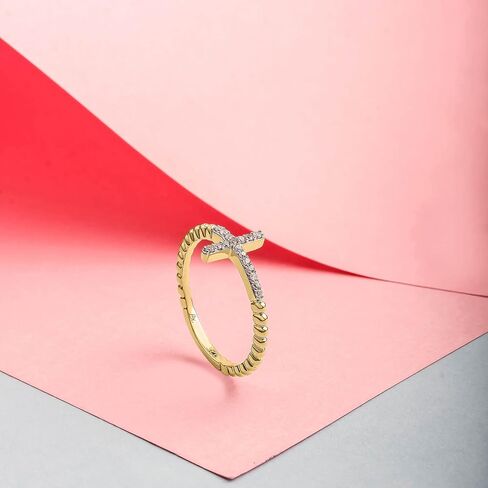 1/10cttw Diamond Cross Ring for Women, Cross Ring with Beaded Style Detail in 18k Yellow Gold-Plate, 18k Rose Gold-Plate or 925 Sterling Silver, Women's Horizontal Cross with Round White Diamonds in Kuwait