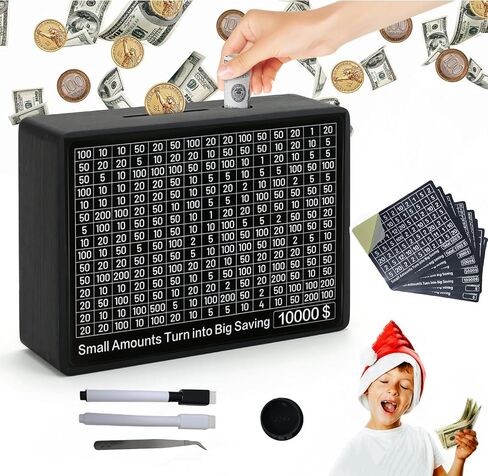 Cash Vault Wooden Money Saving Box, Black One Piece Wooden Cash Savings Box, 10000 Savings Challenge Box with 8 Saving Targets, Coin Money Savings Box with Counter for Kids Boys Girls Gift (Black) in Saudi Arabia