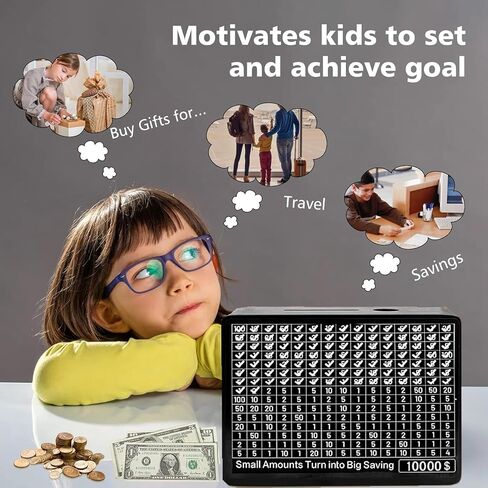 Cash Vault Wooden Money Saving Box, Black One Piece Wooden Cash Savings Box, 10000 Savings Challenge Box with 8 Saving Targets, Coin Money Savings Box with Counter for Kids Boys Girls Gift (Black) in Saudi Arabia