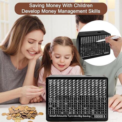Cash Vault Wooden Money Saving Box, Black One Piece Wooden Cash Savings Box, 10000 Savings Challenge Box with 8 Saving Targets, Coin Money Savings Box with Counter for Kids Boys Girls Gift (Black) in Saudi Arabia