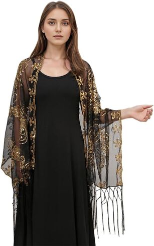 LMVERNA 1920s شال زهرة مطرزة يلتف مهدب مساء كيب الزفاف وشاح شال لحفلات فساتين السهرة in Kuwait