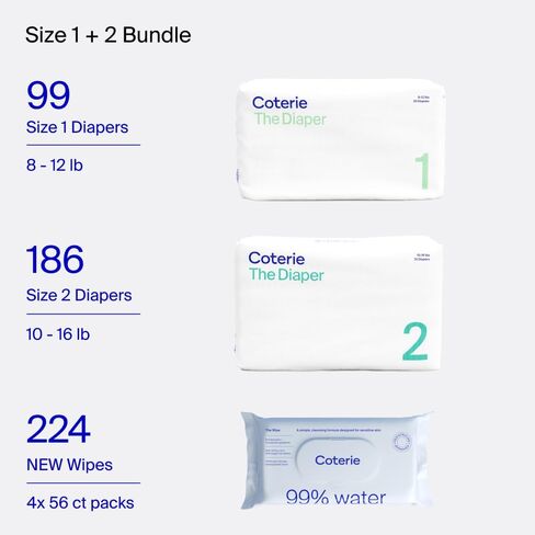 Coterie Baby Diapers + Wipes Baby Kit, Size 2 (186 Count) + 4 Wipe Packs (224) Wipes Made with Plant-Based Fibers, Hypoallergenic, Designed for Sensitive Skin, Clean Ingredients in Kuwait