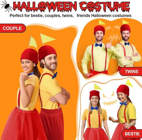 مجموعتان من أزياء الهالوين الممتعة للزوجين لأصدقاء Bestie الأشقاء والتوائم للبالغين زي الهالوين قبعة صغيرة حمراء وحمالات وياقة زرقاء طقم ربطة عنق in Kuwait