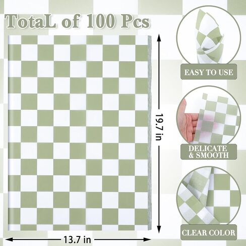 100 Sheets Checkered Tissue Paper, Sage Green Plaids Party Gift Wrapping Paper Plaids Pattern Art Tissue for Wedding Birthday Baby Shower Party Decorations, 14x20in (Sage Green) in Saudi Arabia