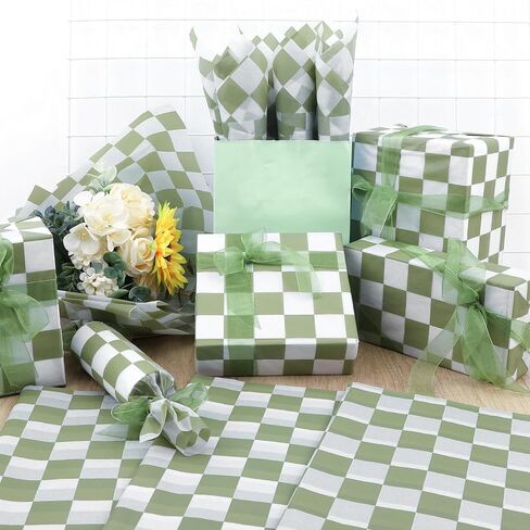 100 Sheets Checkered Tissue Paper, Sage Green Plaids Party Gift Wrapping Paper Plaids Pattern Art Tissue for Wedding Birthday Baby Shower Party Decorations, 14x20in (Sage Green) in Saudi Arabia