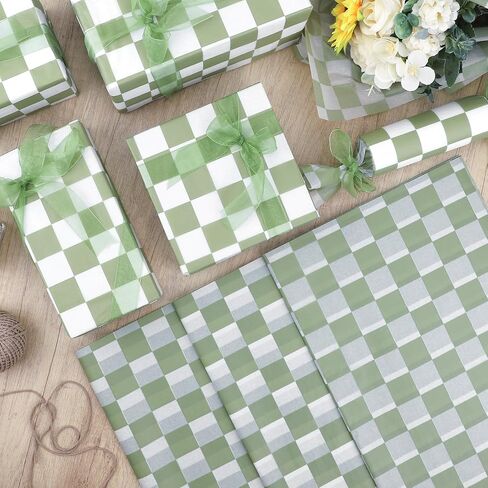 100 Sheets Checkered Tissue Paper, Sage Green Plaids Party Gift Wrapping Paper Plaids Pattern Art Tissue for Wedding Birthday Baby Shower Party Decorations, 14x20in (Sage Green) in Saudi Arabia