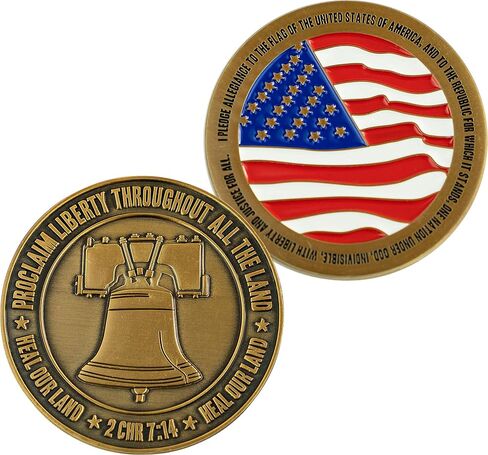 Pledge of Allegiance Coin, Liberty Bell & American Flag Patriotic Military Challenge Coin, Heal Our Land, Freedom Christian Religious Antique Gold Plated Prayer Token Gift in Kuwait
