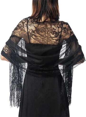 Sup-Coente Victorian Lace Shawls Wraps for Women Vintage Floral Fringe Sheer in Kuwait